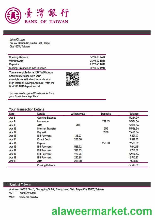 Taiwan Bank of Taiwan bank statement